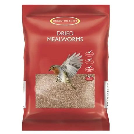 Red plastic bag of johnston and jeff mealworms with window showing dried brown worms and image of robin, great for horses