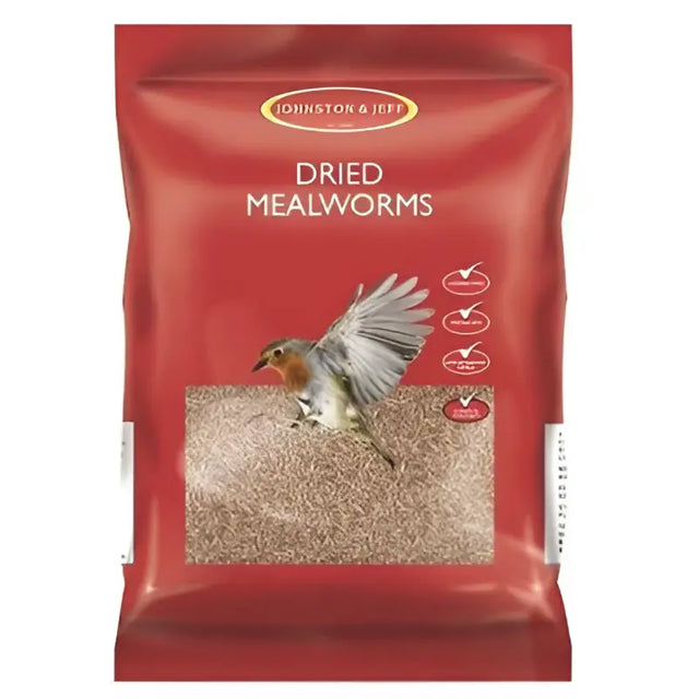 Red plastic bag of johnston and jeff mealworms with window showing dried brown worms and image of robin, great for horses