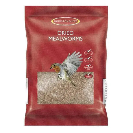 Red plastic bag of johnston & jeff mealworms 6x500g with window showing dried mealworms and a robin image