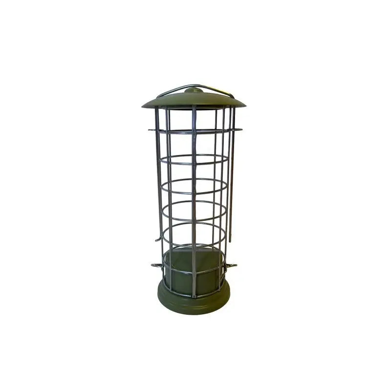 Olive green metal jeff miami fat cylindrical cage fat ball feeder 20cm with domed top for outdoor birds