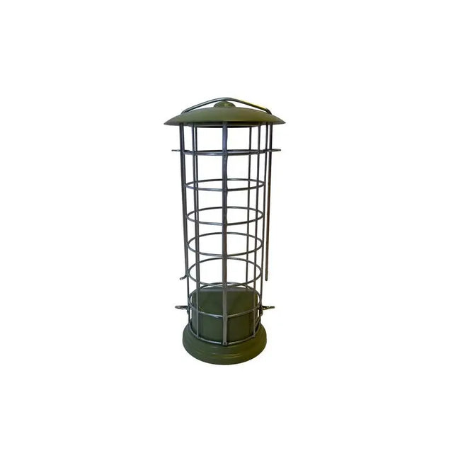 Olive green metal jeff miami fat cylindrical cage fat ball feeder 20cm with domed top for outdoor birds