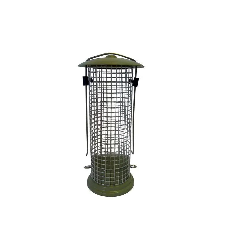 Olive green metal miami peanut feeder 20cm with mesh cage solid base and lid for secure peanut feeding