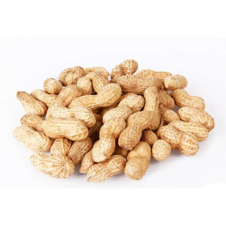 A pile of natural brown jeff monkey nuts in shells with textured slightly wrinkled surfaces weighing 22lb 10 kg
