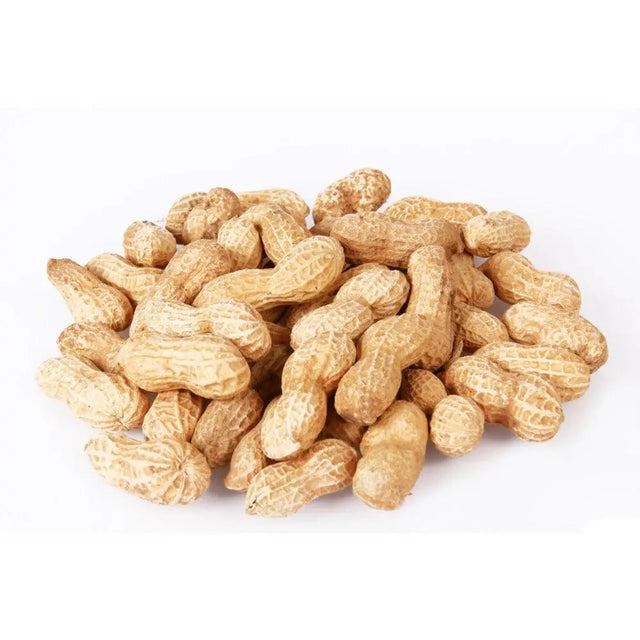 A pile of natural brown jeff monkey nuts in shells with textured slightly wrinkled surfaces weighing 22lb 10 kg