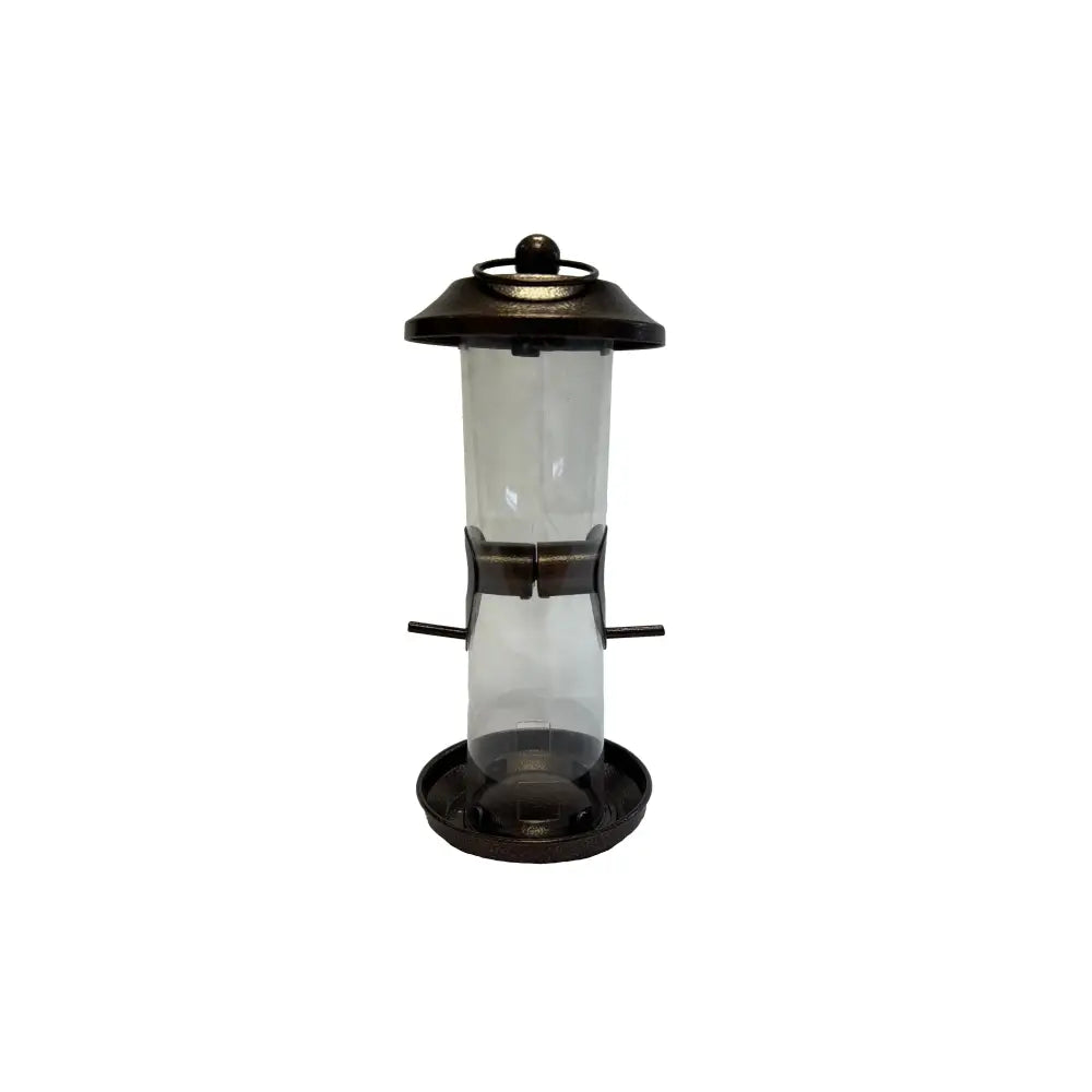 Bronze-finished johnston and jeff new orleans seed feeder 25cm with clear glass body and metal perch for birds