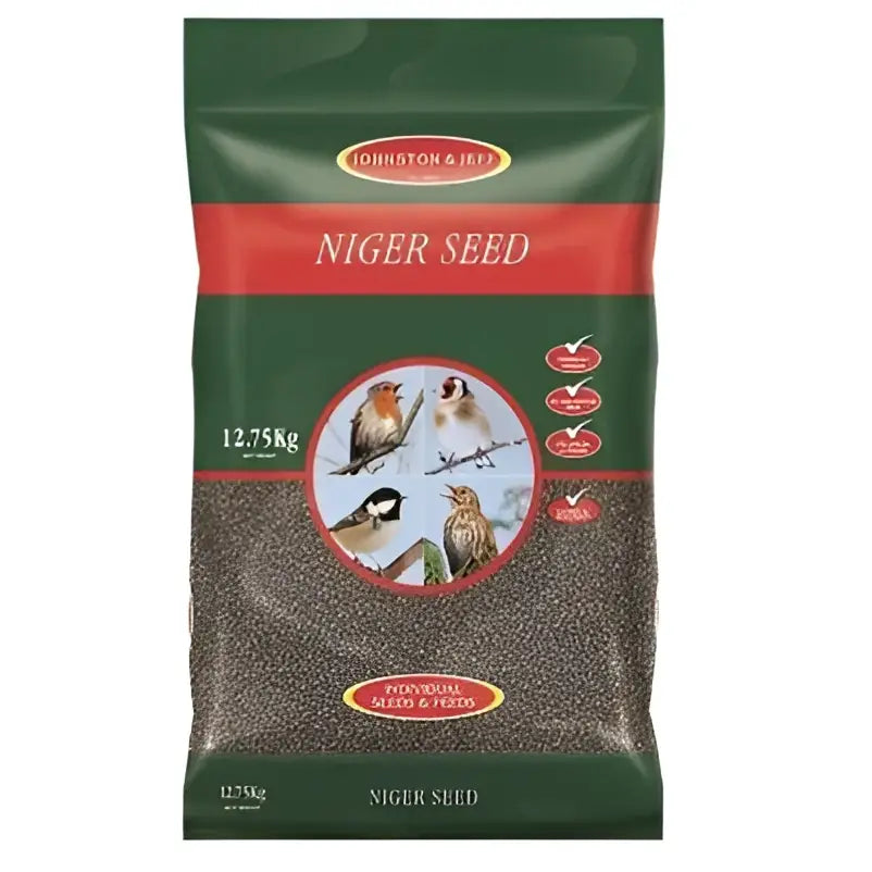 Green and red packaged johnston and jeff niger seed bag with four bird species shown in circular window jeff niger seed