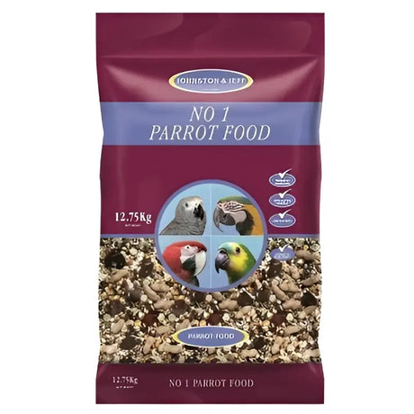 Johnston and jeff no 1 parrot food 12.75kg in maroon and blue packaging with colorful parrots for pet birds and equestrian care