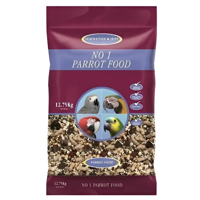 Johnston and jeff no 1 parrot food 12.75kg in maroon and blue packaging with colorful parrots for pet birds and equestrian care
