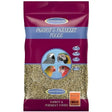 Maroon and blue packaged johnston and jeff parakeet mixture 20 kg with clear window showing greenish brown seed mix