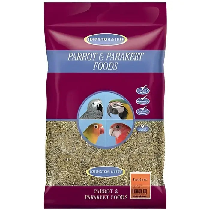Maroon and blue packaged johnston and jeff parakeet mixture 20 kg with clear window showing greenish brown seed mix