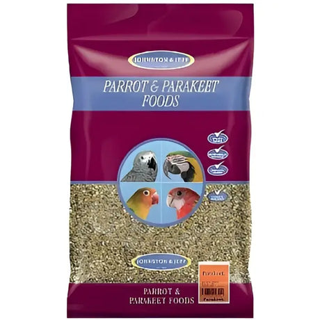 Maroon and blue packaged johnston and jeff parakeet mixture 20 kg with clear window showing greenish brown seed mix