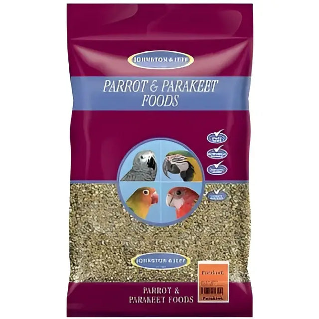 Maroon and blue packaged johnston and jeff parakeet mixture 20 kg with clear window showing greenish brown seed mix