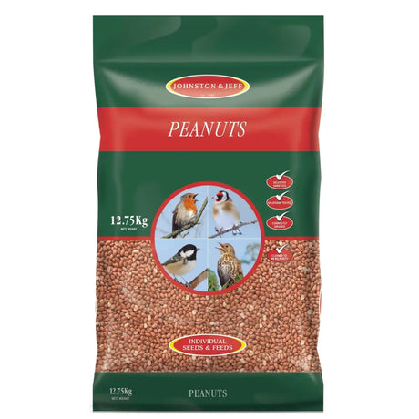 A 12.75kg green and red resealable pouch of johnston and jeff peanut standard with bird images on the front