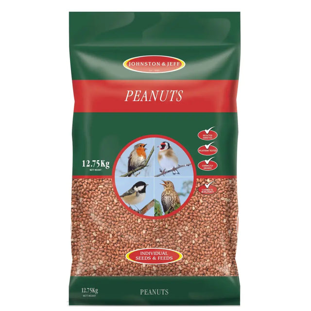 A 12.75kg green and red resealable pouch of johnston and jeff peanut standard with bird images on the front