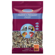 Johnston & jeff premium fruity parakeet food 12.5kg maroon and blue pack with seeds nuts and dried fruit visible