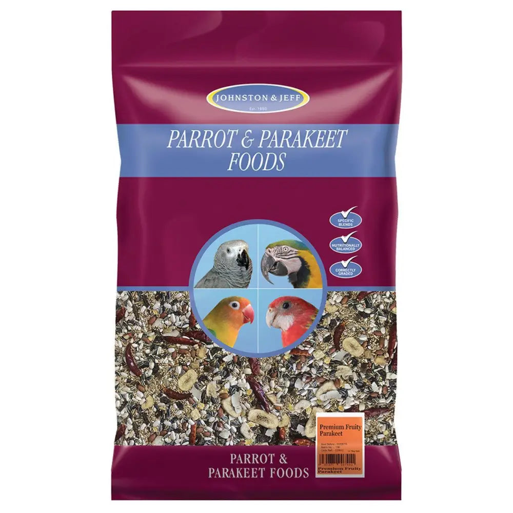 Johnston & jeff premium fruity parakeet food 12.5kg maroon and blue pack with seeds nuts and dried fruit visible
