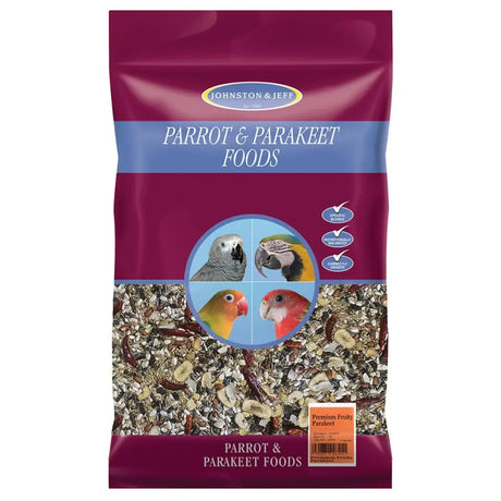 Johnston & jeff premium fruity parakeet food 12.5kg maroon and blue pack with seeds nuts and dried fruit visible