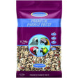 Johnston and jeff premium parrot fruit 12.75kg bag with purple and blue packaging showing banana slices nuts and seeds