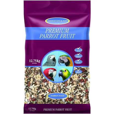 Johnston and jeff premium parrot fruit 12.75kg bag with purple and blue packaging showing banana slices nuts and seeds