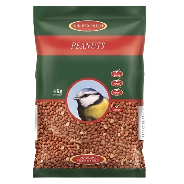 A 1kg bag of johnston and jeff premium peanuts in green and red pouch with blue tit bird image