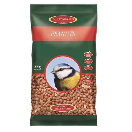 A 2kg bag of johnston and jeff premium peanuts in green and red pouch featuring a blue tit bird peanuts 6x2kg