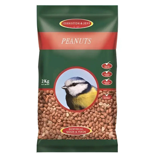 A 2kg bag of johnston and jeff premium peanuts in green and red pouch featuring a blue tit bird peanuts 6x2kg