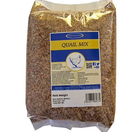 Johnston & jeff quail mix 12.75k high protein small golden brown feed mix in resealable bag with blue yellow label