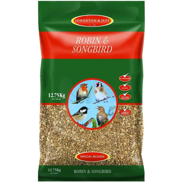 A 12.75kg green and red bag of johnston and jeff robin and songbird mix birdseed with high energy for wild birds