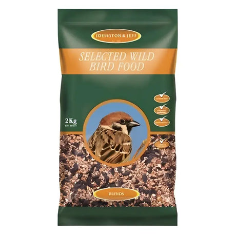 Green and orange 2kg bag of johnston and jeff selected wild bird food 6x2kg with sparrow illustration