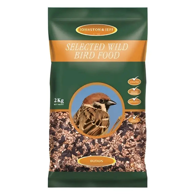 Green and orange 2kg bag of johnston and jeff selected wild bird food 6x2kg with sparrow illustration