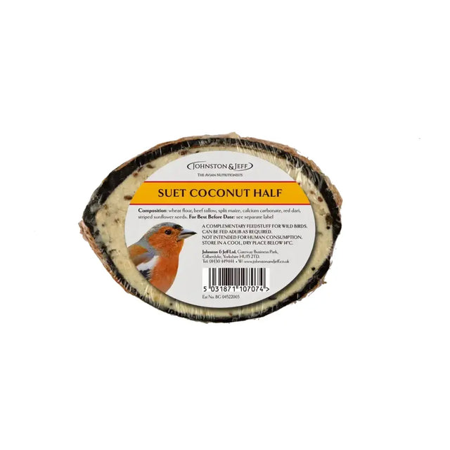 Johnston and jeff suet coconut half plain is a round textured bird feed with an orange label and robin illustration