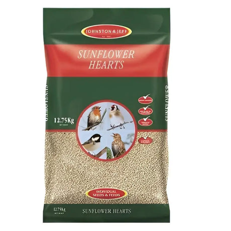 Green and red packaged johnston & jeff sunflower hearts bird seed 12.75kg perfect for feeding wild birds