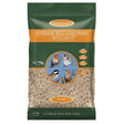 Green and orange bag of johnston and jeff superior wild husk free bird food with fruit showing four bird species