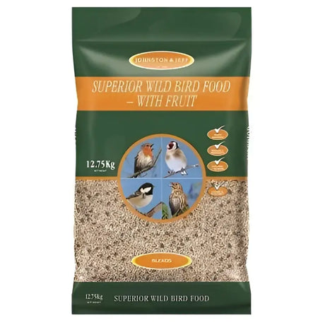 Green and orange bag of johnston and jeff superior wild husk free bird food with fruit showing four bird species