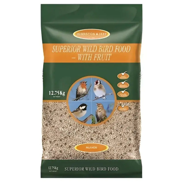 Green and orange bag of johnston and jeff superior wild husk free bird food with fruit showing four bird species