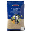 Blue plastic bag of johnston and jeff utility budgieseed 20 kg with clear window showing light brown seed mix and colorful budgies
