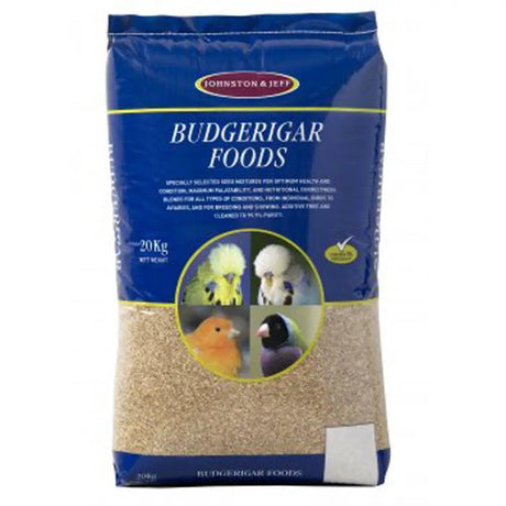 Blue plastic bag of johnston and jeff utility budgieseed 20 kg with clear window showing light brown seed mix and colorful budgies