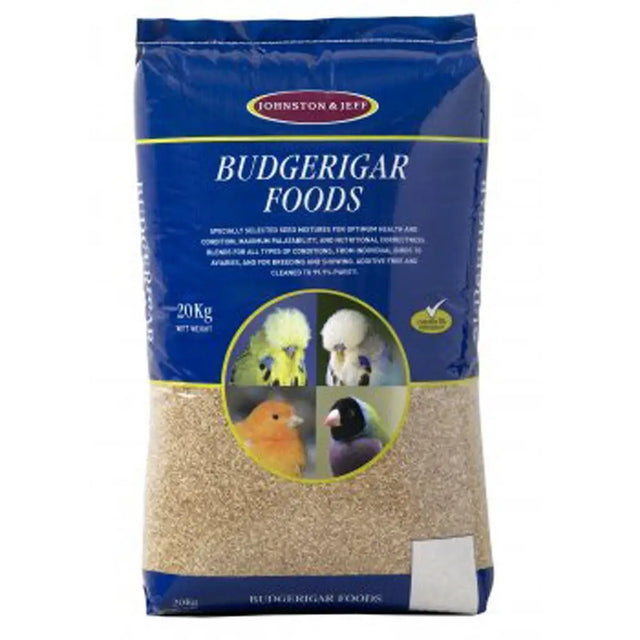 Blue plastic bag of johnston and jeff utility budgieseed 20 kg with clear window showing light brown seed mix and colorful budgies