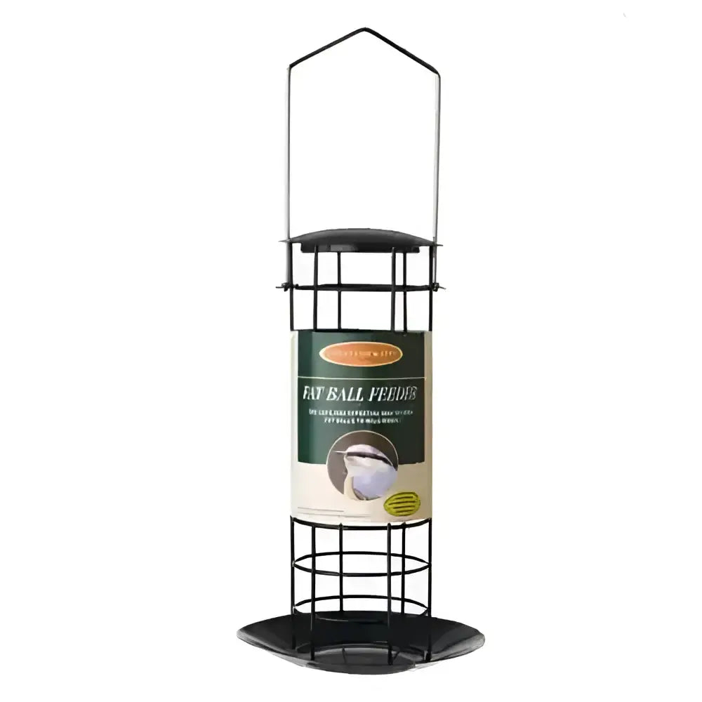 Black metal wire jeff wild bird fat ball feeder with hanging loop and eat ball feeder label for wild bird fat feed