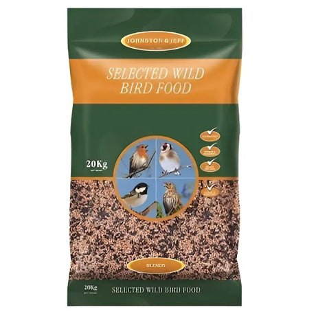 A 20kg bag of johnston and jeff wild bird food with green and orange packaging showing birds and seed mix inside