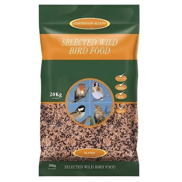 A 20kg bag of johnston and jeff wild bird food with green and orange packaging showing birds and seed mix inside