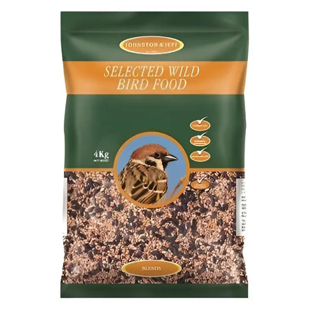 Green and orange 4kg bag of johnston and jeff selected wild bird food with a sparrow image for wild bird feeding