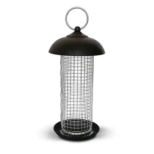 Black metal jeff wild bird peanut feeder with wire mesh body and dome top for wild bird peanut feeding