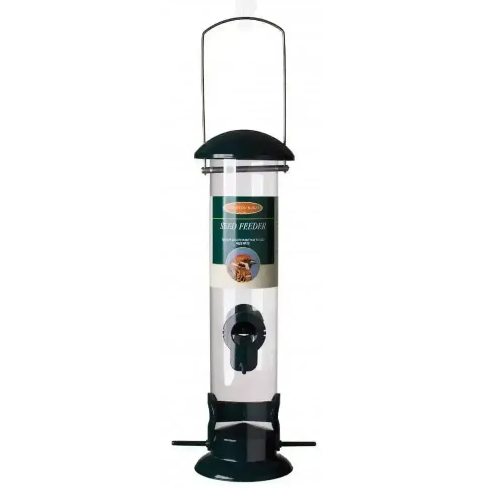 Transparent cylindrical wild bird seed feeder by johnston & jeff with black plastic top bottom and hanging hook
