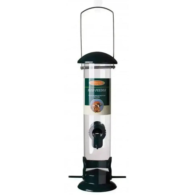 Transparent cylindrical wild bird seed feeder by johnston & jeff with black plastic top bottom and hanging hook