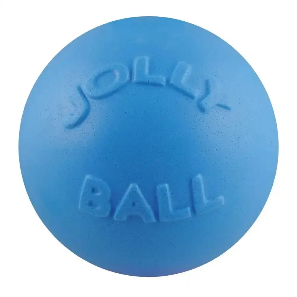 Blue jolly ball made of jollyflex material with embossed branding from jolly pets bounce-n-play blueberry toy