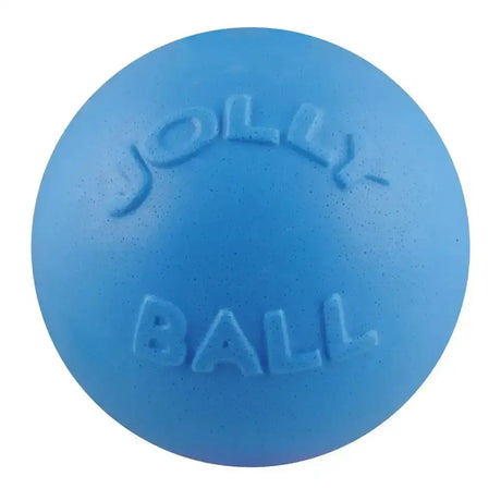 Blue jolly ball made of jollyflex material with embossed branding from jolly pets bounce-n-play blueberry toy