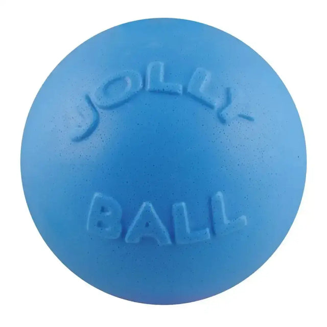 Blue jolly ball made of jollyflex material with embossed branding from jolly pets bounce-n-play blueberry toy