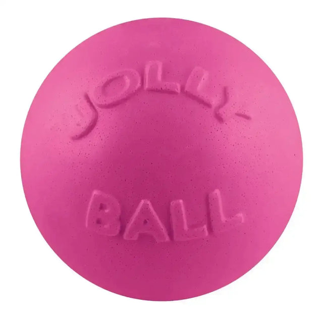 A bright pink jolly pets bounce-n-play bubblegum ball made of durable jollyflex material with textured surface