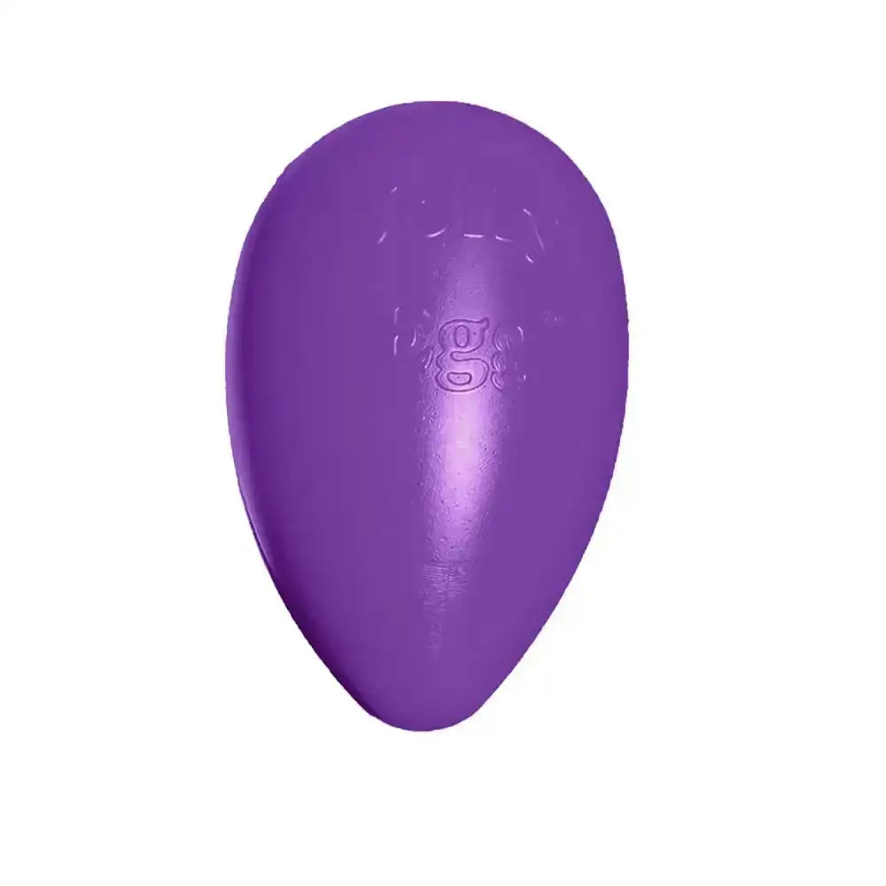 Purple super durable jolly pets jolly egg is an egg-shaped rubber toy with smooth matte finish and embossed logo